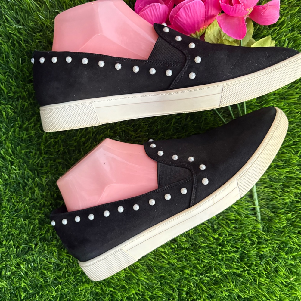 KARL LAGERFIELD NLACK POINTED TOE LEATHER SUEDE SNEAKERS FAUX PEARL TRIM 8.5 - Picture 5 of 10